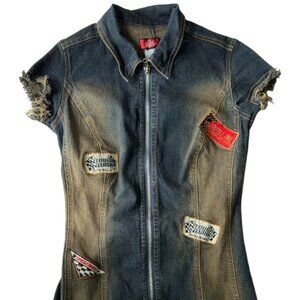 Estilo Womens Denim Blue Short Mini Raw Hem Short Sleeve Zip Patchwork Dress L